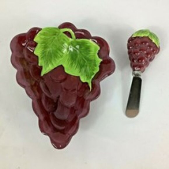 D.E.I. Dennis East International LlC. Purple Green Grape Cluster Dish/Knife NWOT - Picture 1 of 10